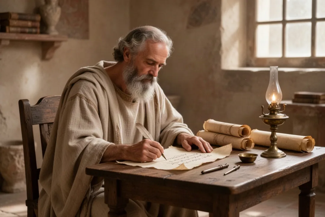 Justin the Martyr writing Christian defenses in a Roman study