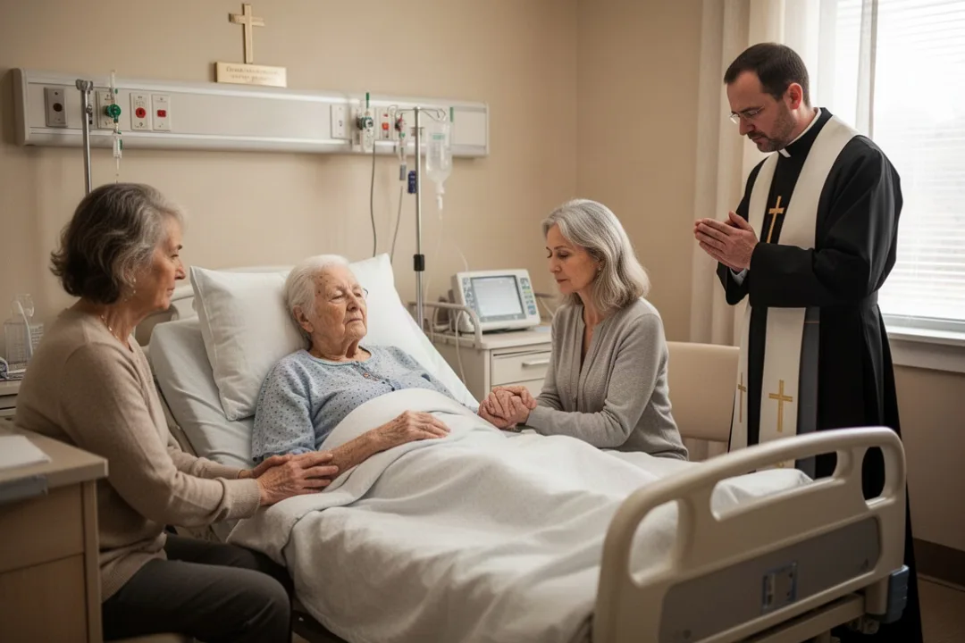 Christian clergy member praying with family beside a dying patient