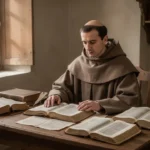 Capuchin friar studying Scripture in a simple historical room