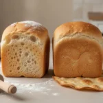 Leavened bread and unleavened bread: What is the difference? Leavened loaf beside thin unleavened flatbread on a kitchen counter