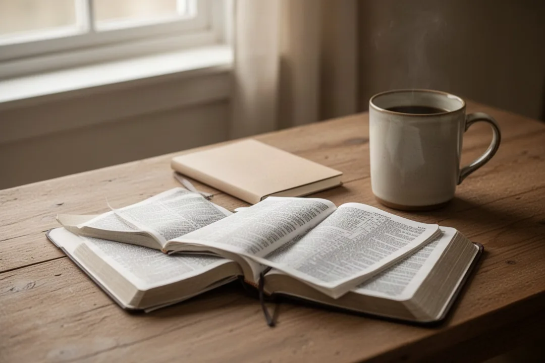 Open Bible and notebook arranged for quiet lectio divina prayer