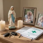 Prayer corner representing saints for family, health, travel, and protection