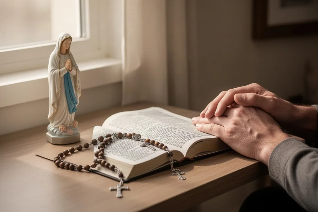 Prayer corner with rosary and Marian statue beside an open prayer book