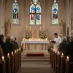 Worshipers praying the Litany of the Saints in a candlelit church