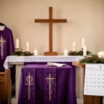 Catholic sanctuary prepared for Lent with violet vestments