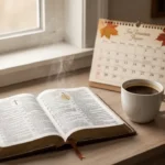 Open breviary beside coffee in a quiet morning prayer space
