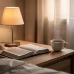 Open Bible beside a lamp in a quiet room at dawn