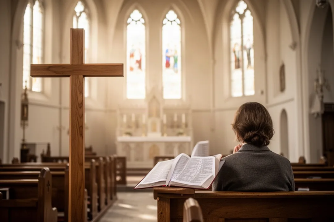 Person praying near an open Gospel and wooden cross
