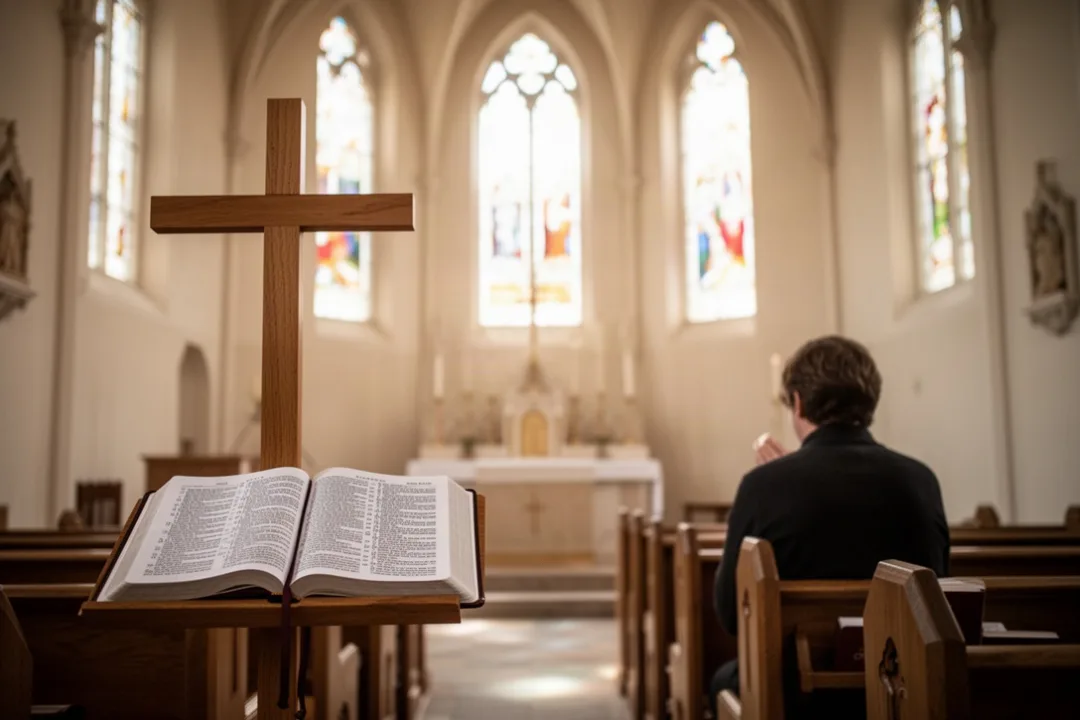 Person praying near an open Gospel and wooden cross