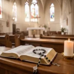 Louis de Montfort: life, teachings, and Marian consecration Rosary and devotional book resting on a sunlit church pew