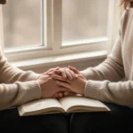 Couple praying together beside a sunlit window with an open journal