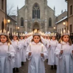 Saint Lucy procession with white clothing and glowing candle crowns