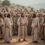Jesus teaching disciples before a large crowd in a first-century setting