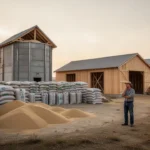Luke 12:13-21: The meaning of the rich fool Farmer beside overflowing barns illustrating Luke 12:13-21