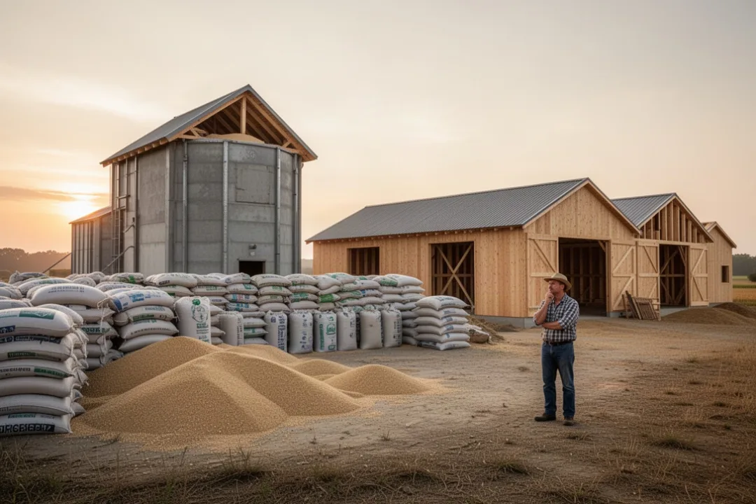 Farmer beside overflowing barns illustrating Luke 12:13-21