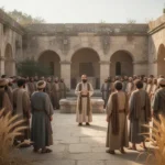 Jesus teaching a crowd near a synagogue in a first-century setting