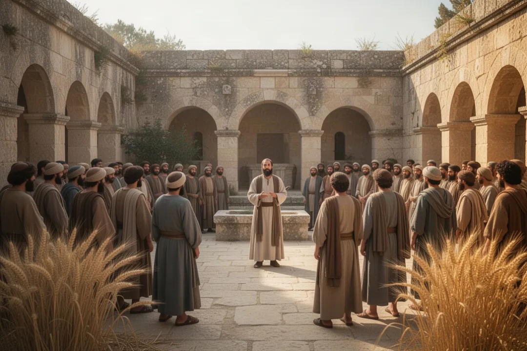 Jesus teaching a crowd near a synagogue in a first-century setting