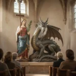 Statue of Margaret of Antioch with dragon, cross, and palm branch