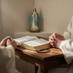Catholic prayer corner with Bible, rosary, and Marian image