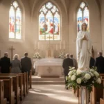 Catholic church sanctuary prepared for a Marian feast