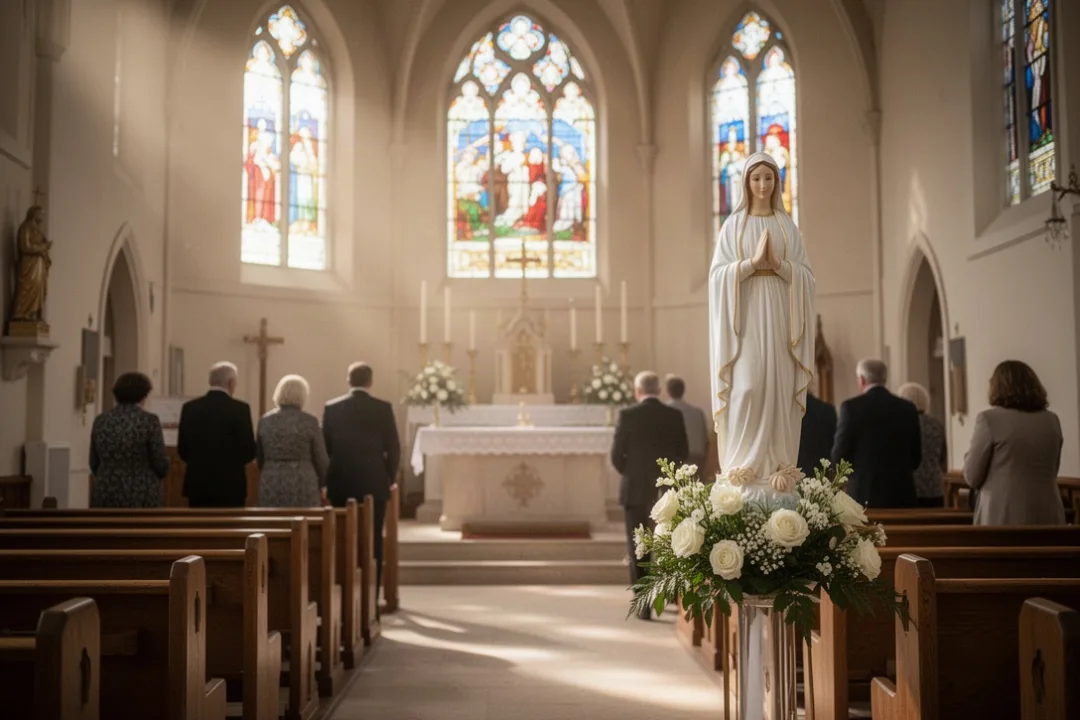 Catholic church sanctuary prepared for a Marian feast