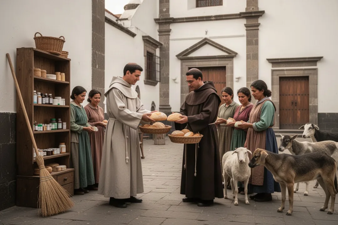 Martin de Porres serving food and medicine to families in colonial Lima