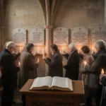Congregation remembering Christian martyrs with candles inside an old church