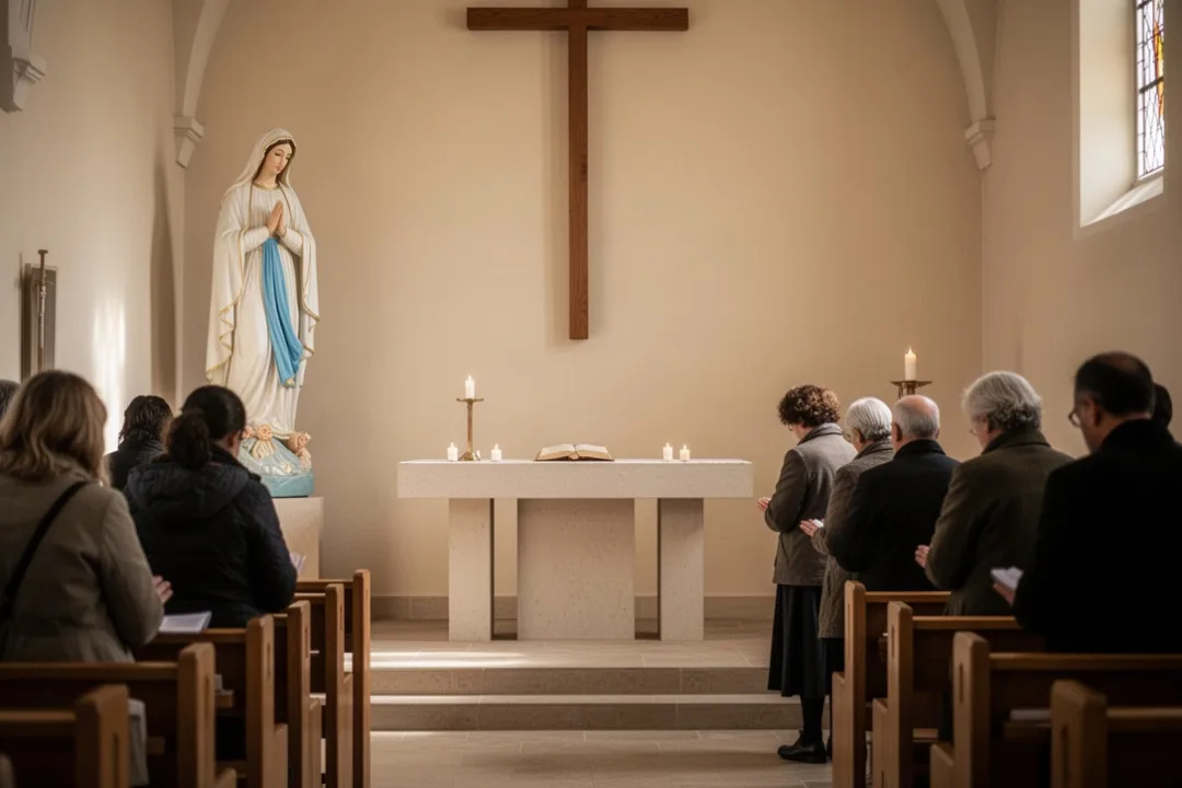 Church interior with Mary statue and worshippers praying quietly