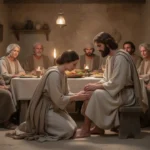 Mary of Bethany anoints Jesus’ feet during a meal in Bethany