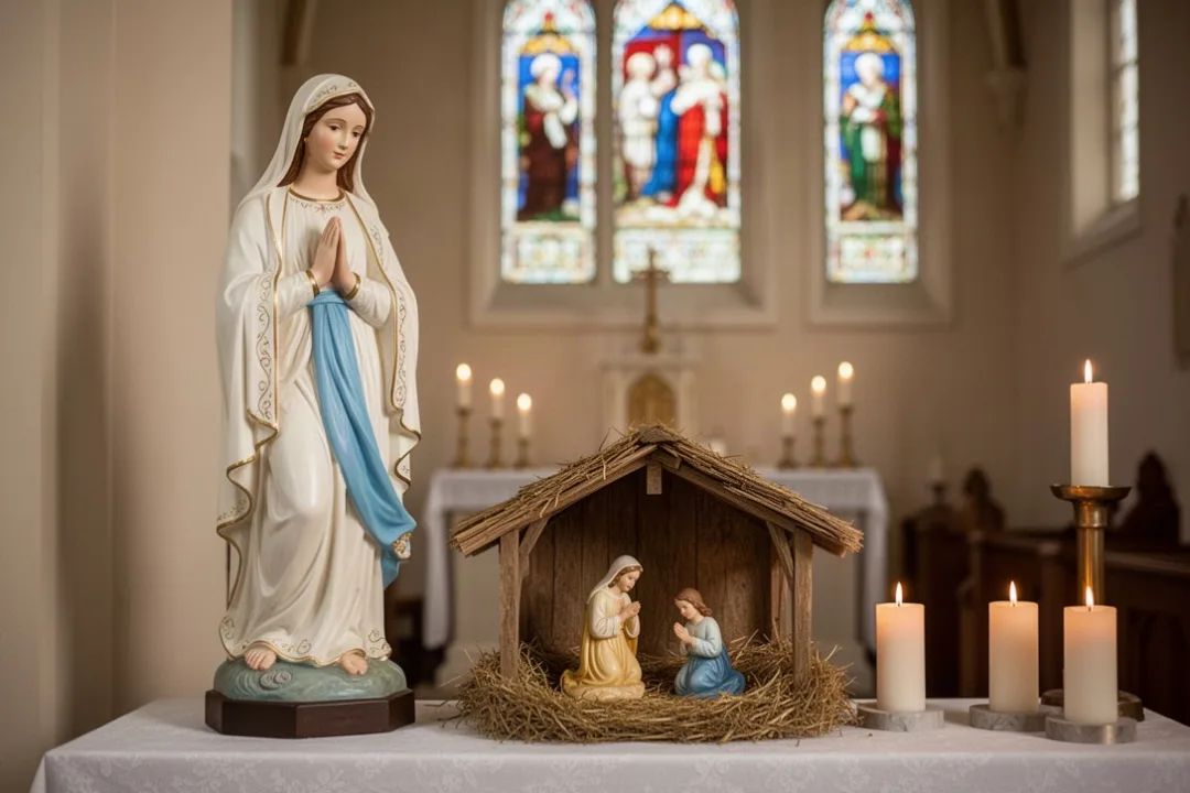 Mary statue beside a softly lit nativity scene inside a church