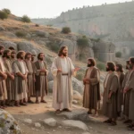 Jesus teaching disciples near rocky terrain at Caesarea Philippi