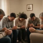 Small group praying together in a softly lit home