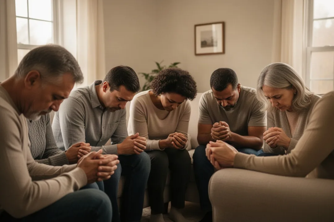 Small group praying together in a softly lit home