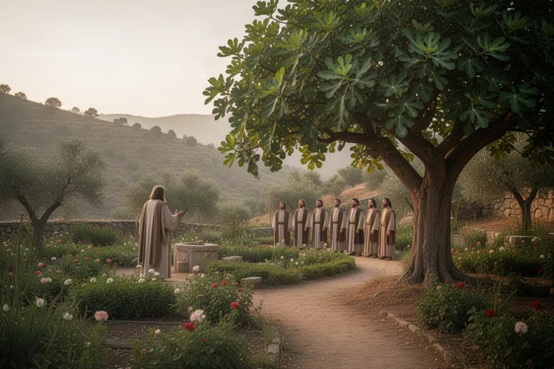 Fig tree and distant disciples on a hillside at dawn