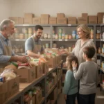Volunteers providing groceries respectfully at a community food pantry