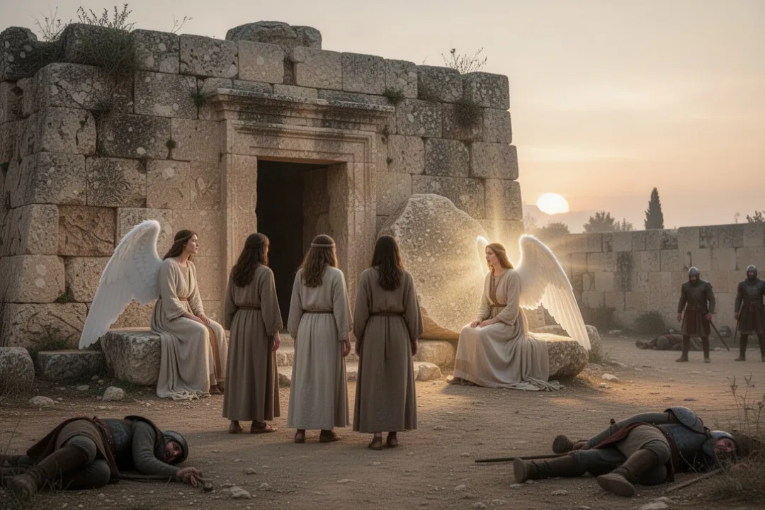 Women approach the empty tomb at dawn beside an angel and stone
