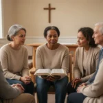 Diverse church group studying Scripture together in a community room