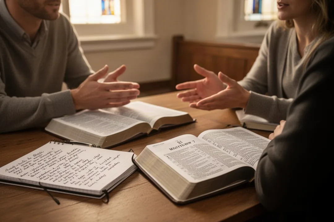 Open Bible and thoughtful discussion about judgment and mercy