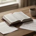 Open Bible and study notes prepared for a Matthew Bible study