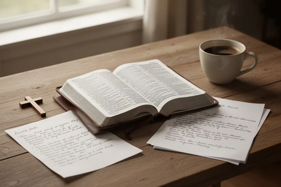 Open Bible and study notes prepared for a Matthew Bible study