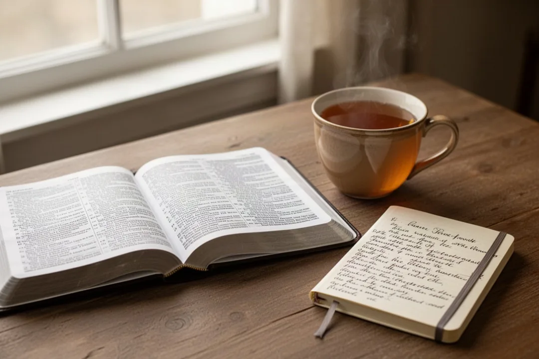 Open Bible and journal prepared for reading Matthew verses