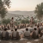 Jesus teaching crowds on a Galilean hillside during the Sermon on the Mount