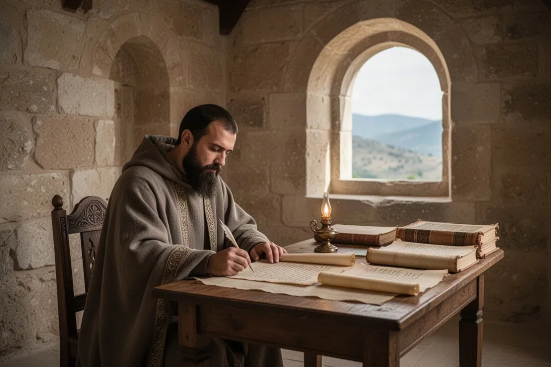 Byzantine monk studying manuscripts in a quiet monastery room