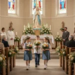 May Crowning 2026: dates, meaning, and planning ideas Children carry flowers during a May Crowning ceremony in church