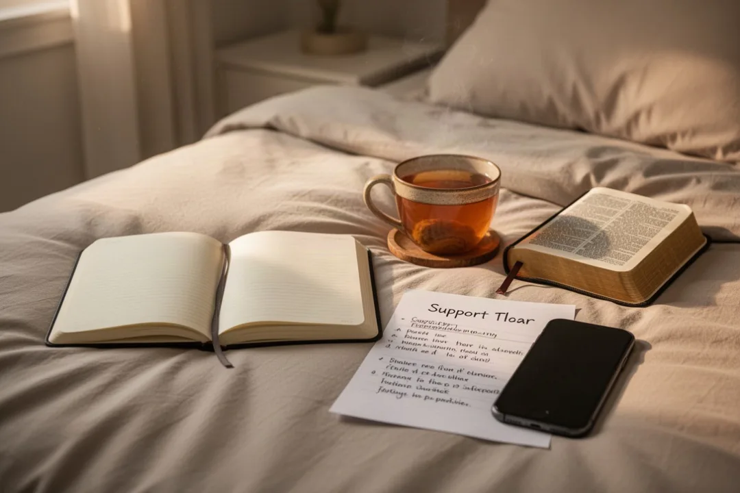Bible, journal, and support plan beside a cup of tea