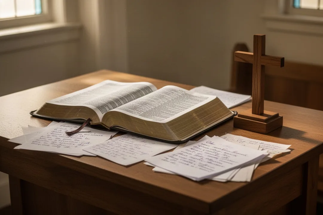 Open Bible and notes representing study of mercy in Scripture