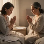 Person praying quietly beside medical papers in early morning light