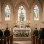 Visitors praying quietly inside a Miraculous Medal shrine chapel