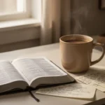 Open Bible and coffee beside notes during a quiet Monday morning