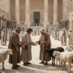 Ancient Temple courtyard with pilgrims, animal sellers, and money changers